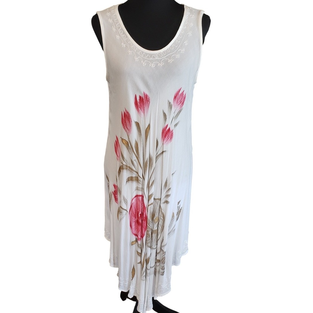 Fashion Force White Hand Painted Floral Embroidered Sharkbite Dress‎ Free Size